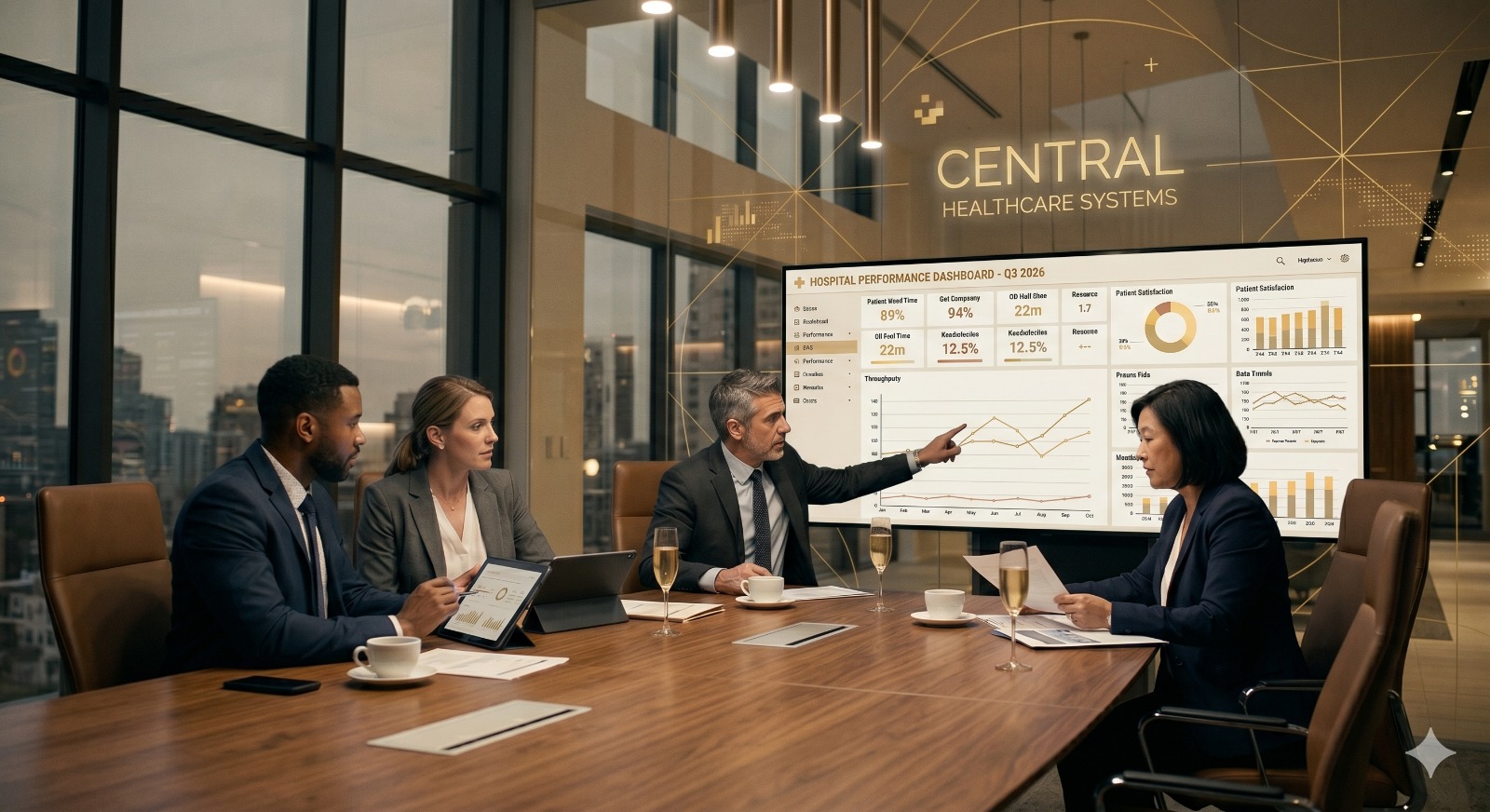 Hospital leadership team reviewing performance dashboard in executive boardroom