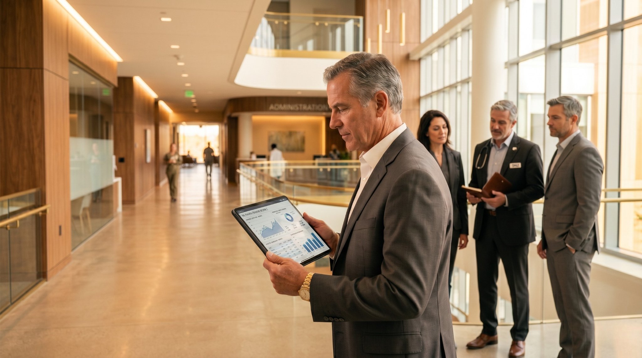 Healthcare executives reviewing operational performance in a modern hospital